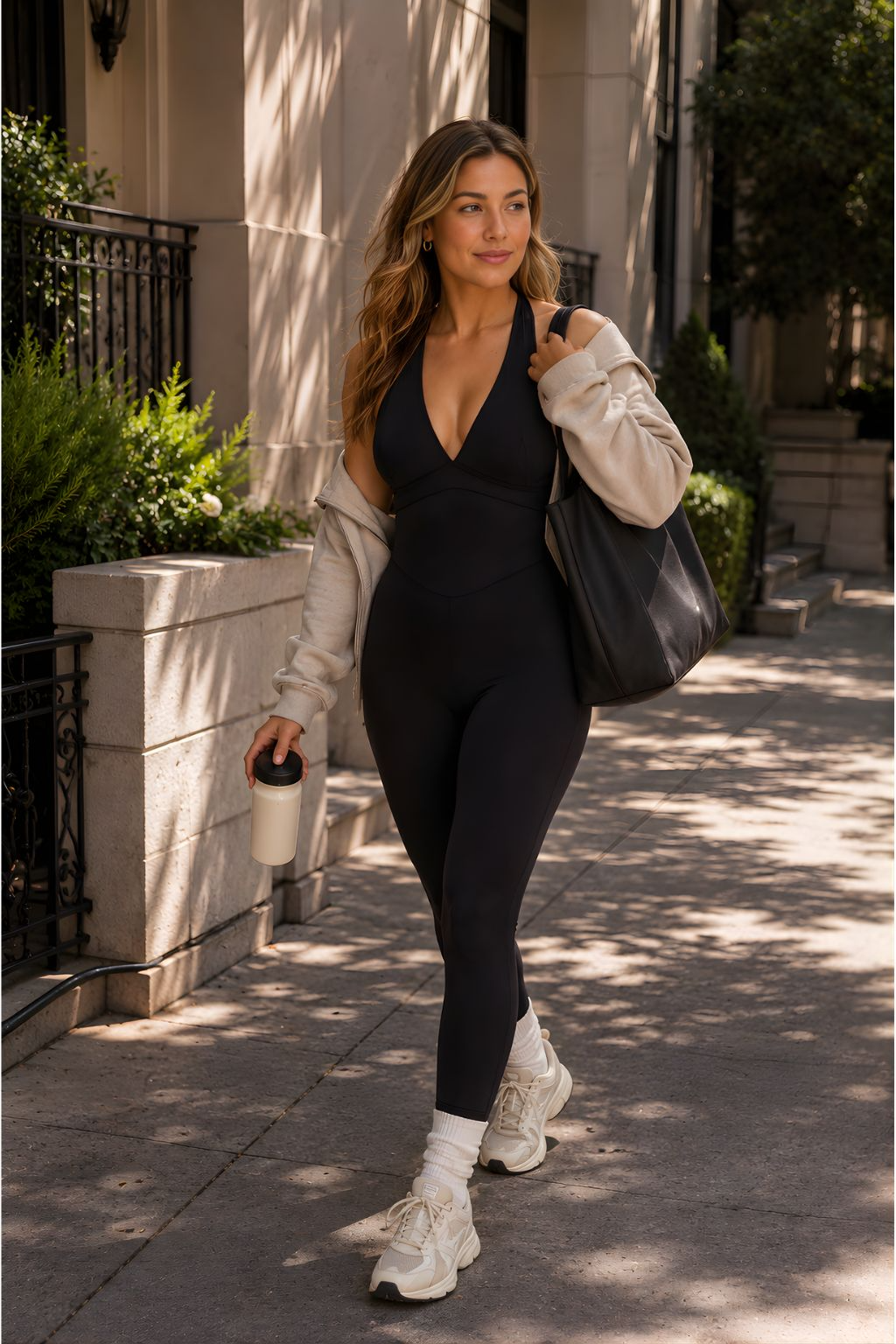 Woman wearing black DropTrou women's jumpsuit - medium walking lifestyle view #Size_M