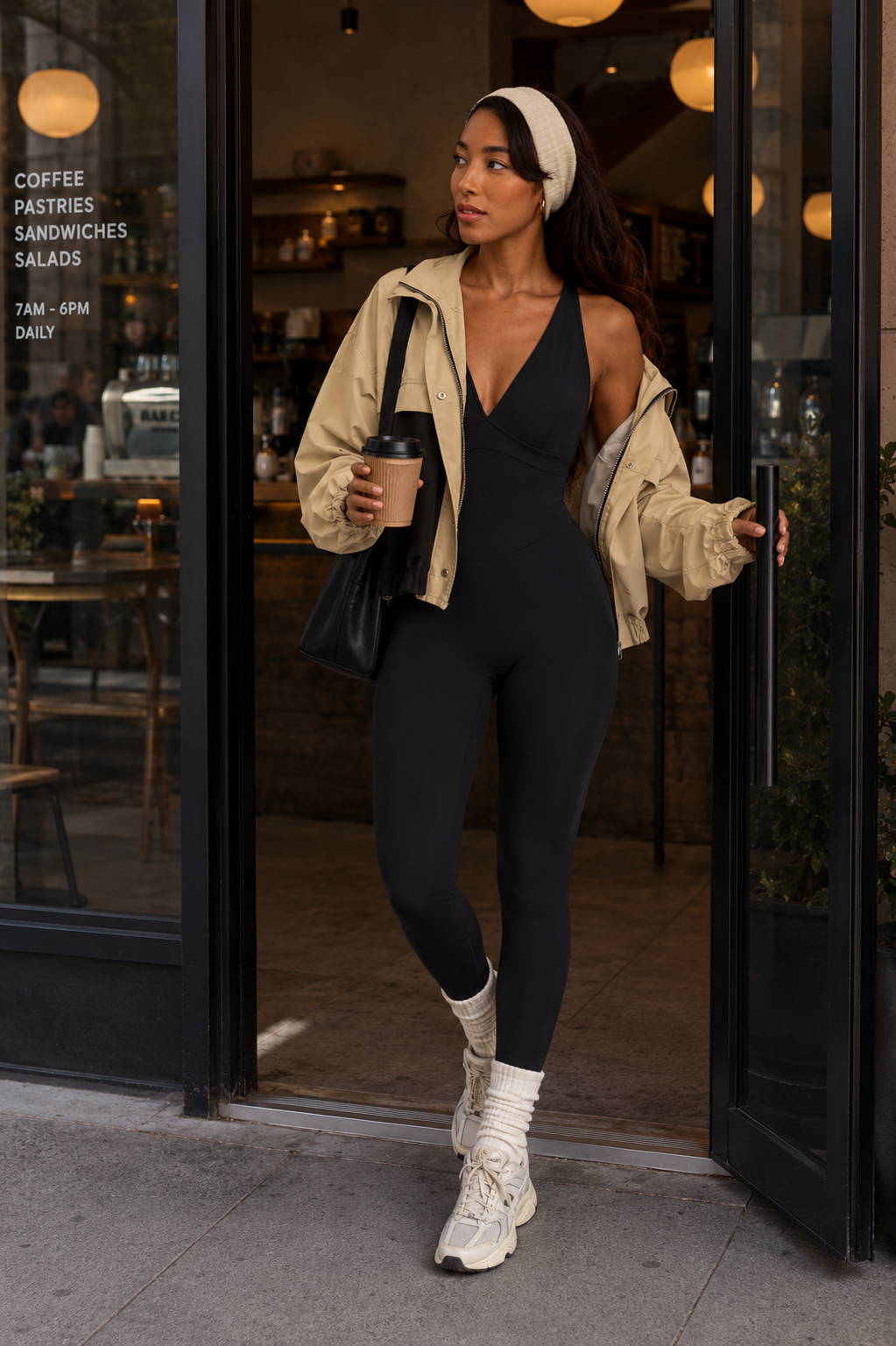 Woman wearing black DropTrou women's jumpsuit - extra small cafe lifestyle view #Size_XS