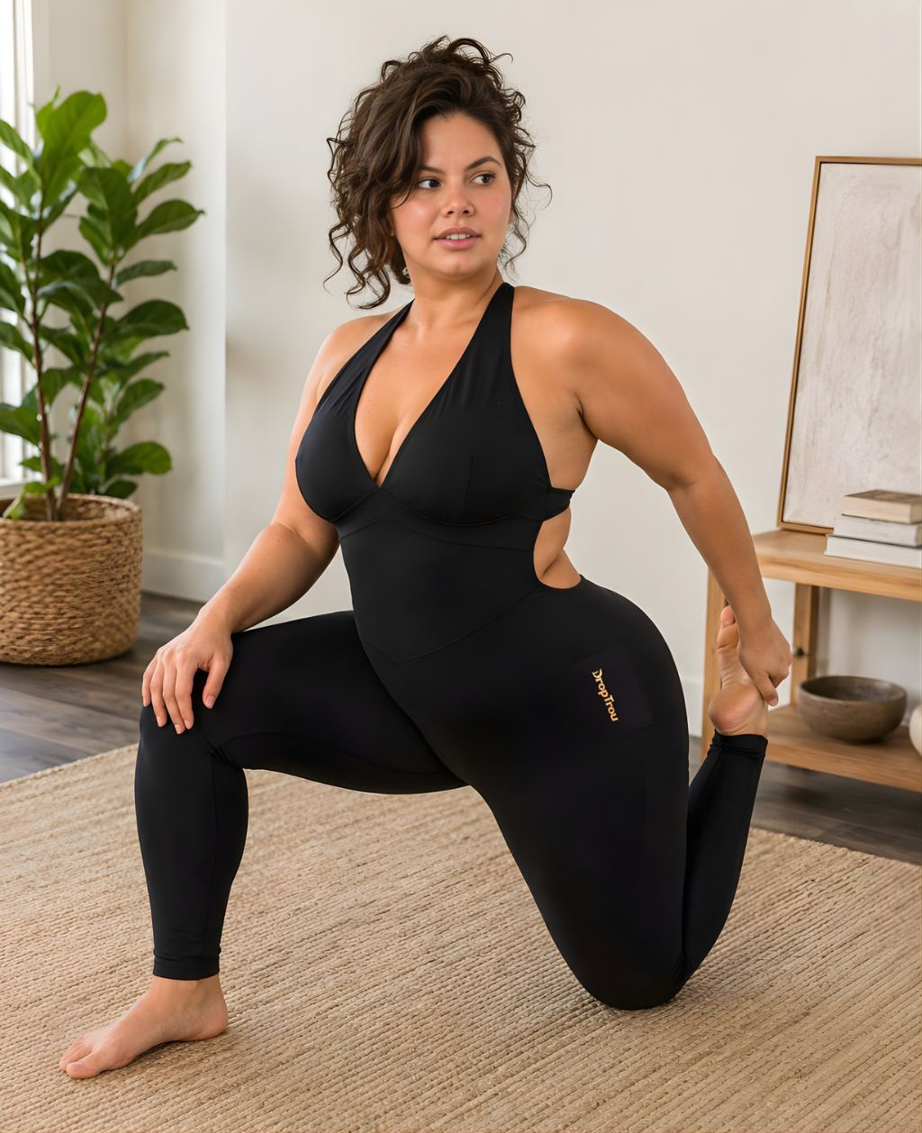 Woman wearing black DropTrou women's jumpsuit - large stretch lifestyle view #Size_L