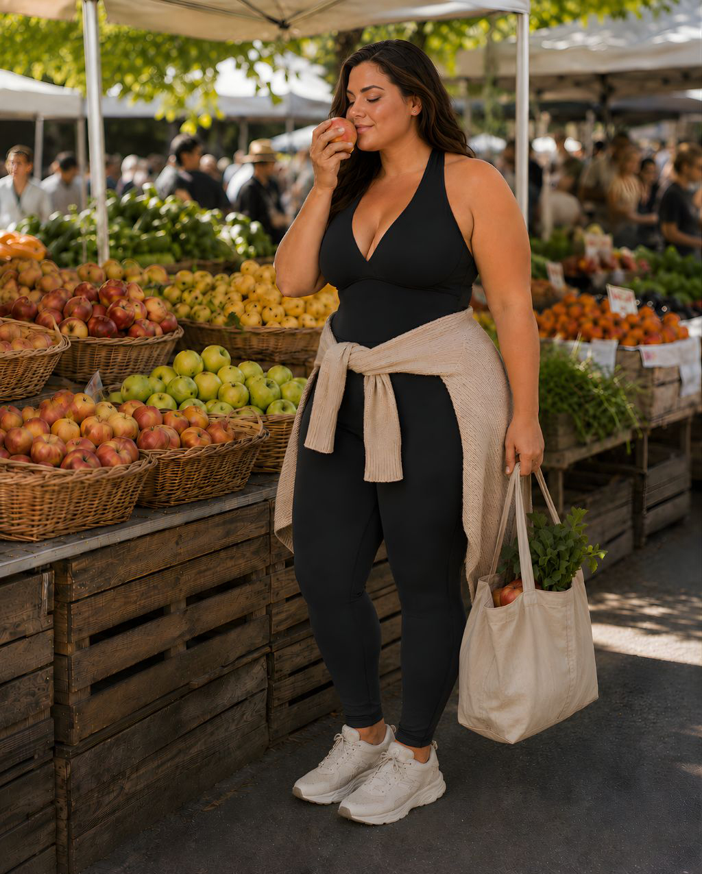 Woman wearing black DropTrou women's jumpsuit - extra large farmers market lifestyle view #Size_XL