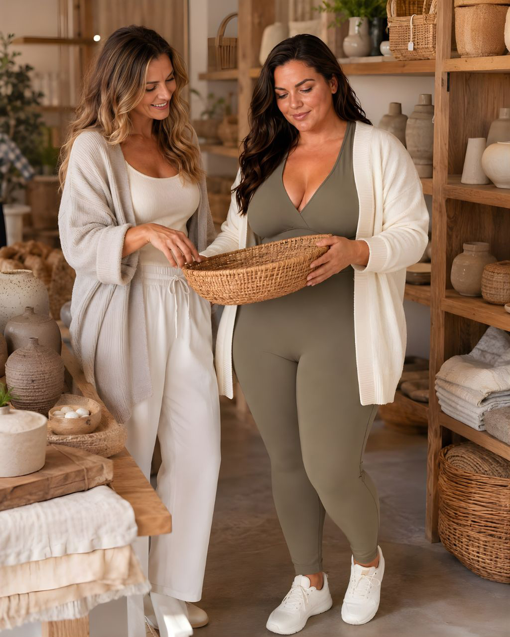 Woman wearing olive DropTrou women's jumpsuit - extra large lifestyle view #Size_XL