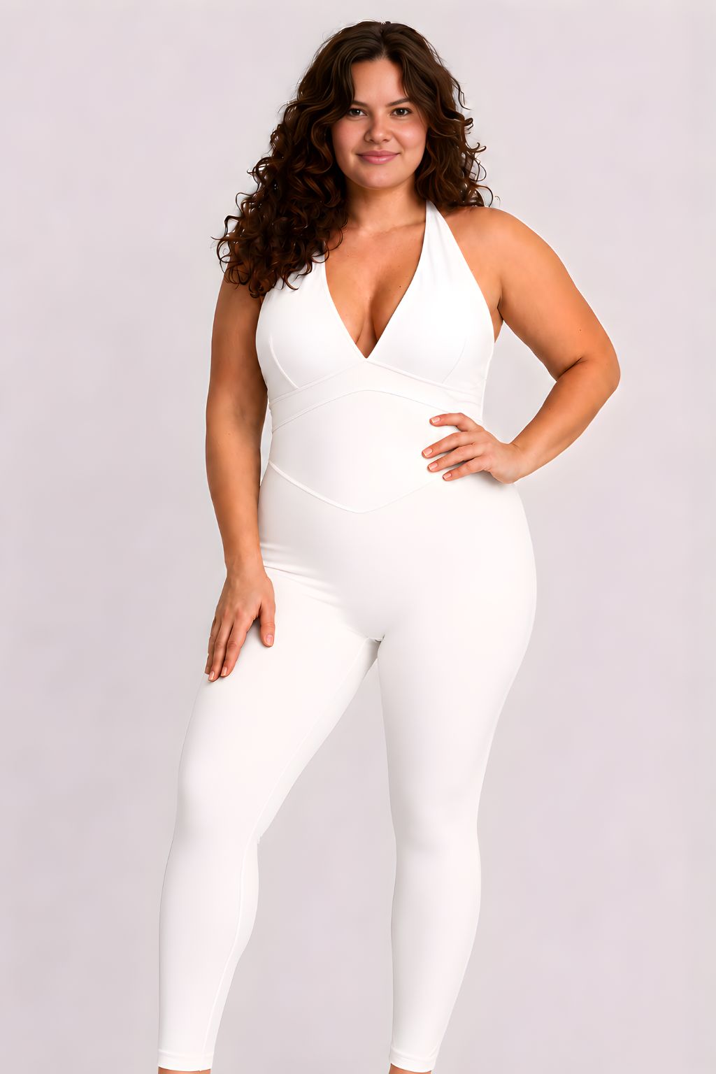 Woman wearing white DropTrou women's jumpsuit - large front studio view #Size_L
