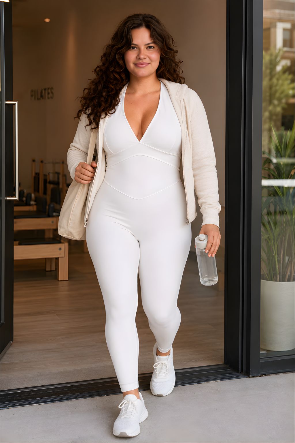 Woman wearing white DropTrou women's jumpsuit - large lifestyle movement walking outdoors #Size_L