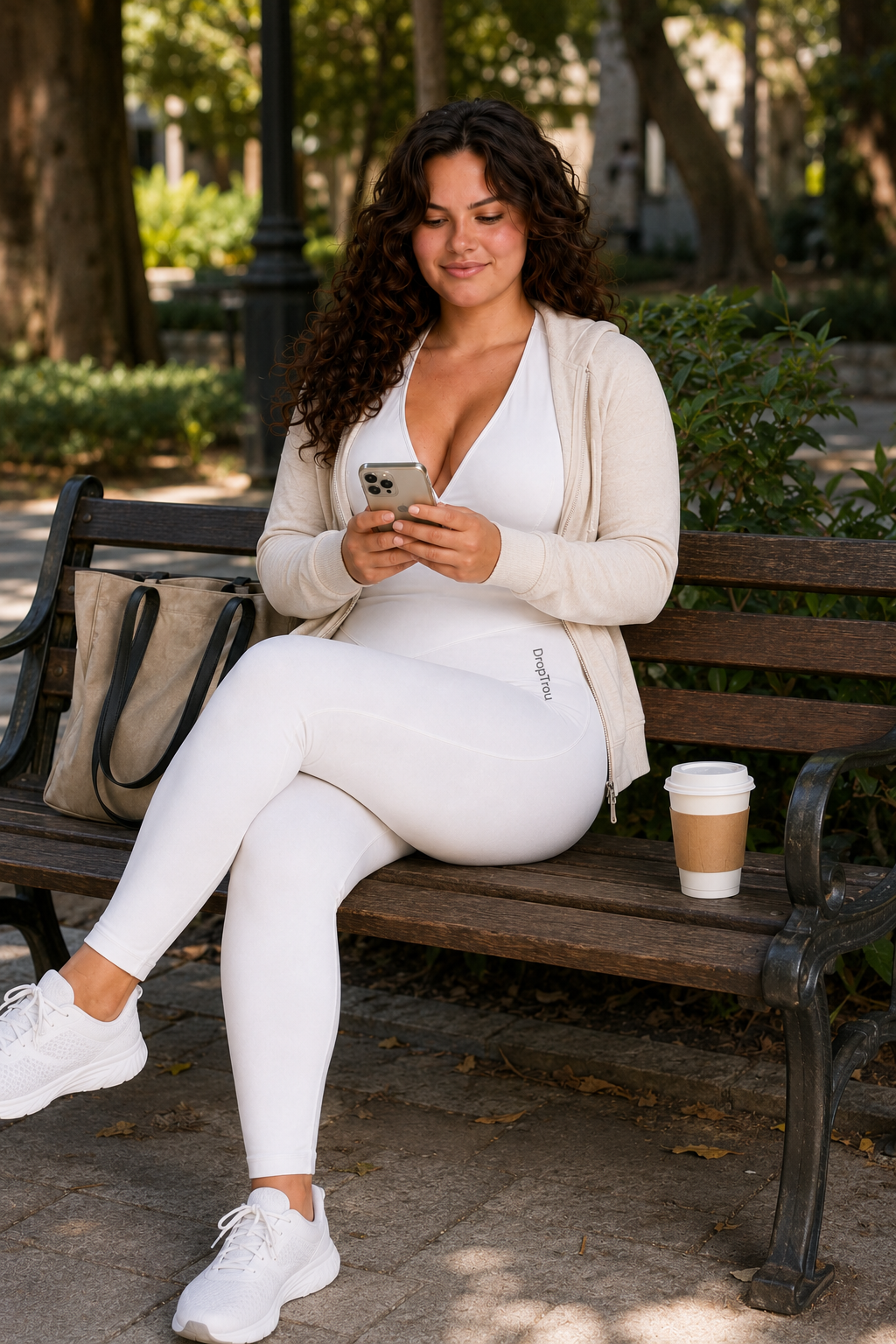 Woman wearing white DropTrou women's jumpsuit - large lifestyle sitting outdoors #Size_L